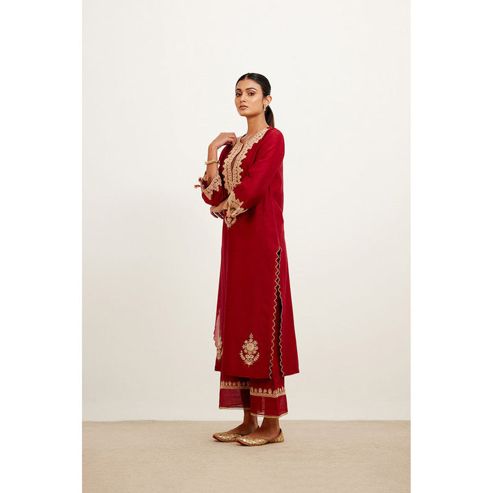 Devnaagri Maroon Dori Embroidered Kurta & Palazzo (Set of 3)