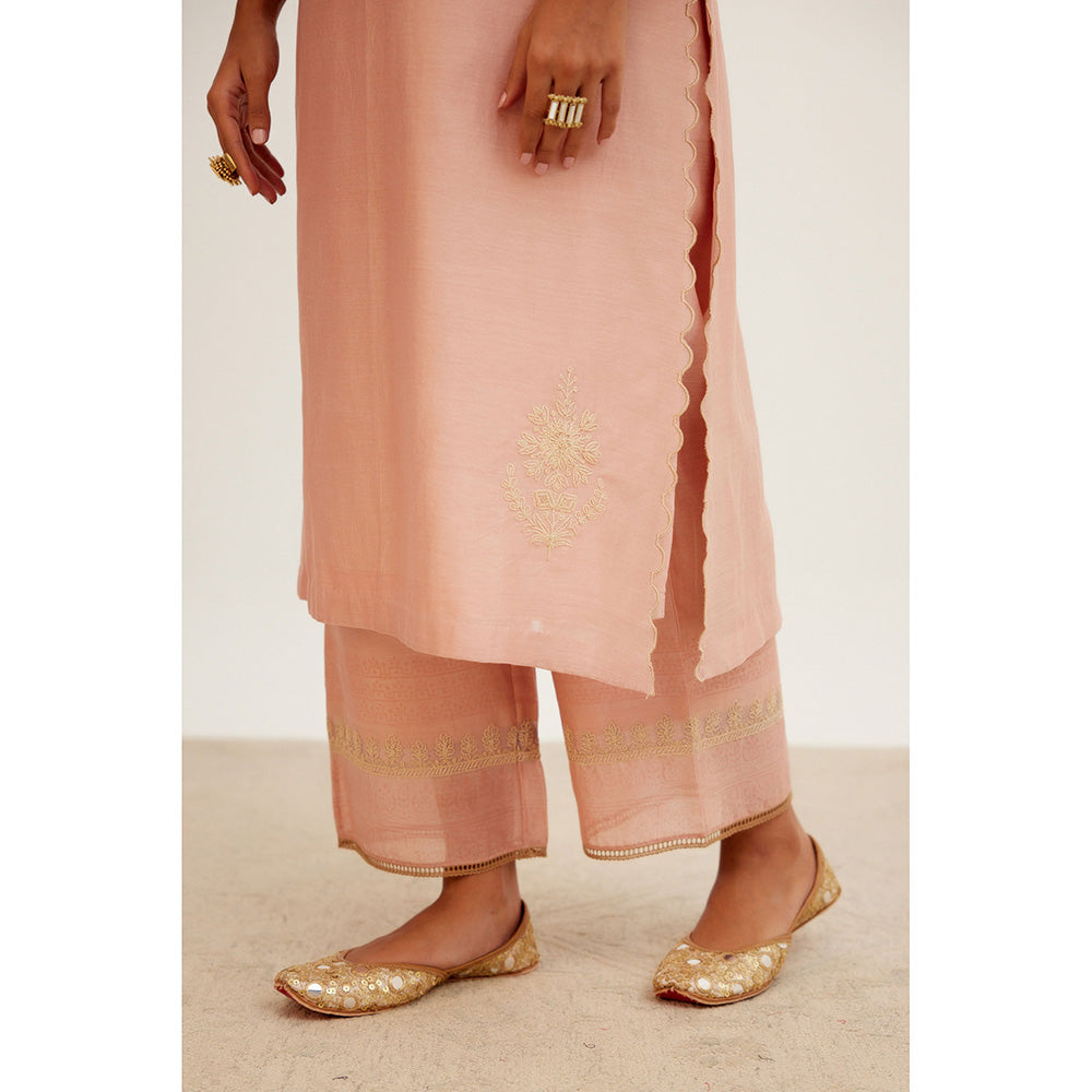 Devnaagri Rose Pink Dori Embroidered Kurta & Palazzo (Set of 3)