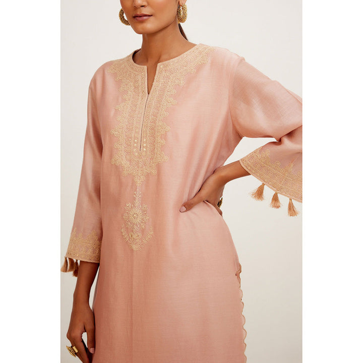 Devnaagri Rose Pink Dori Embroidered Kurta & Palazzo (Set of 3)