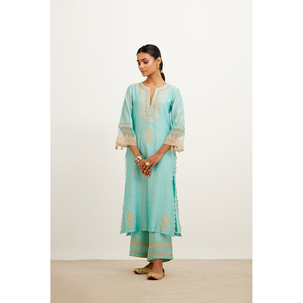 Devnaagri Turquoise Blue Dori Embroidered Kurta & Palazzo (Set of 3)