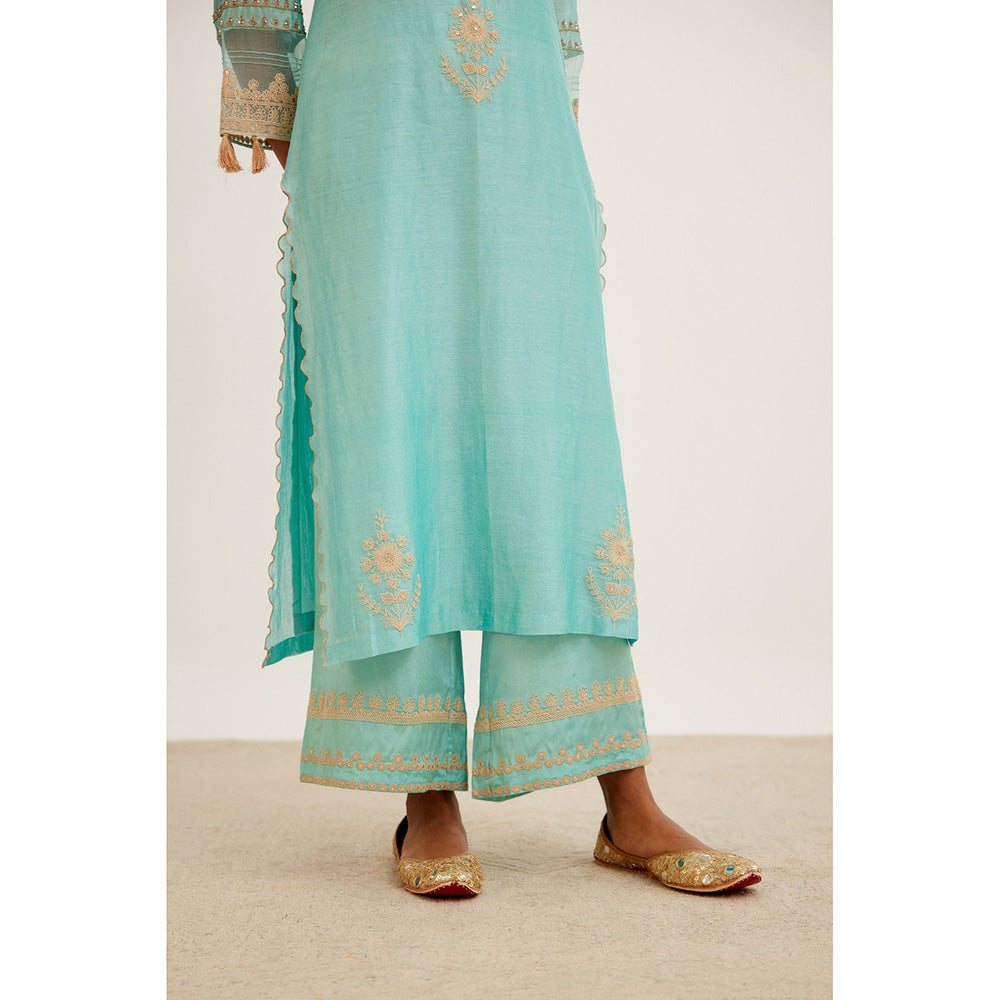 Devnaagri Turquoise Blue Dori Embroidered Kurta & Palazzo (Set of 3)