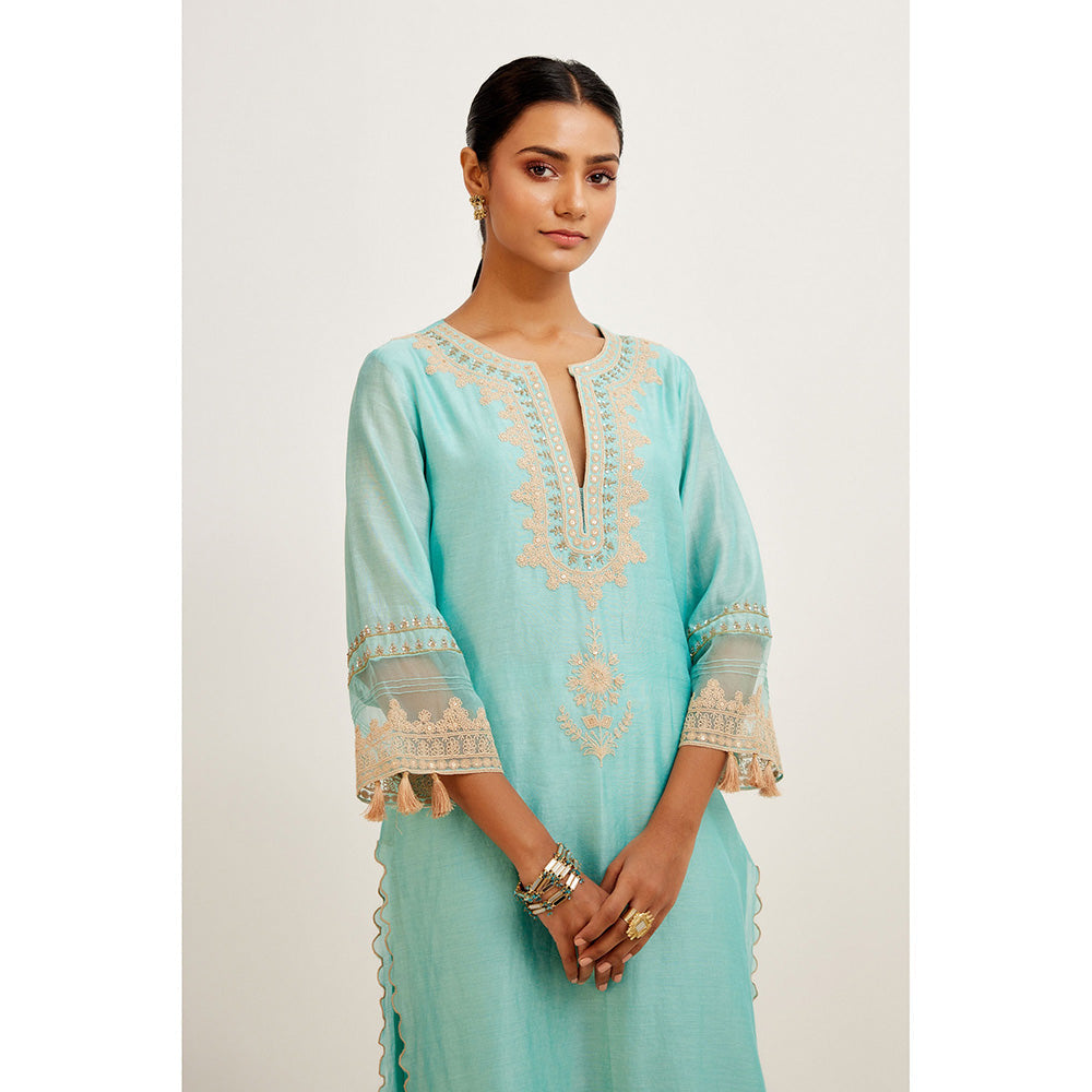 Devnaagri Turquoise Blue Dori Embroidered Kurta & Palazzo (Set of 3)