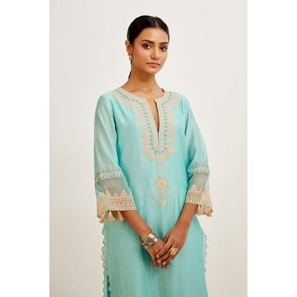 Devnaagri Turquoise Blue Dori Embroidered Kurta & Palazzo (Set of 3)