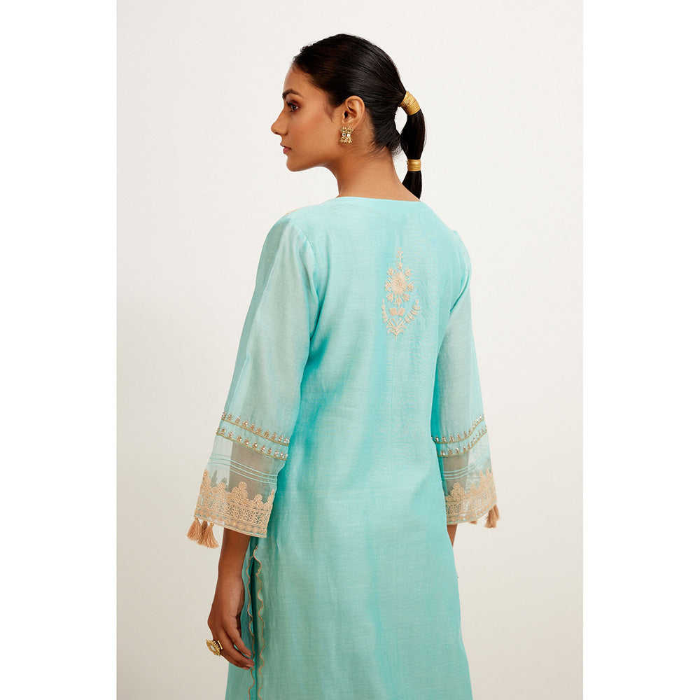 Devnaagri Turquoise Blue Dori Embroidered Kurta & Palazzo (Set of 3)