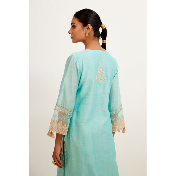 Devnaagri Turquoise Blue Dori Embroidered Kurta & Palazzo (Set of 3)