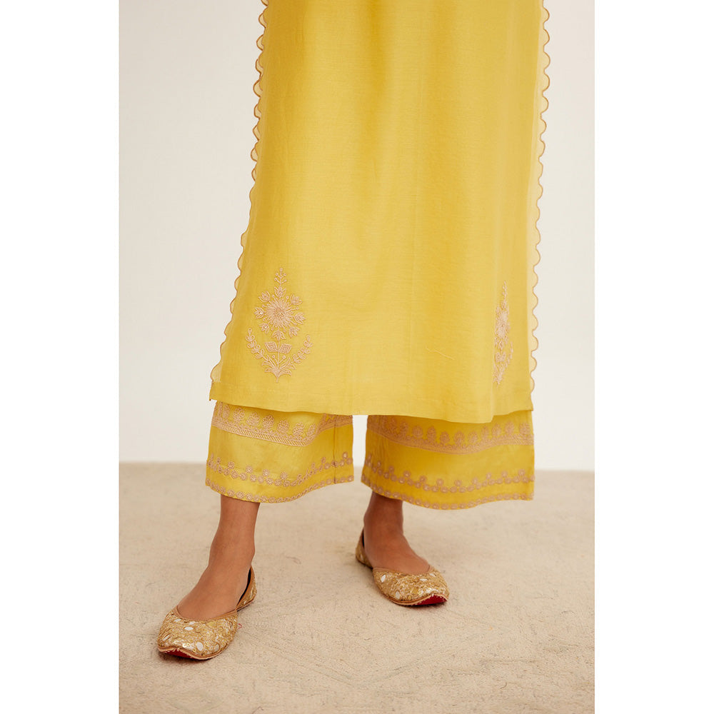 Devnaagri Mustard Dori Embroidered Kurta & Palazzo (Set of 3)