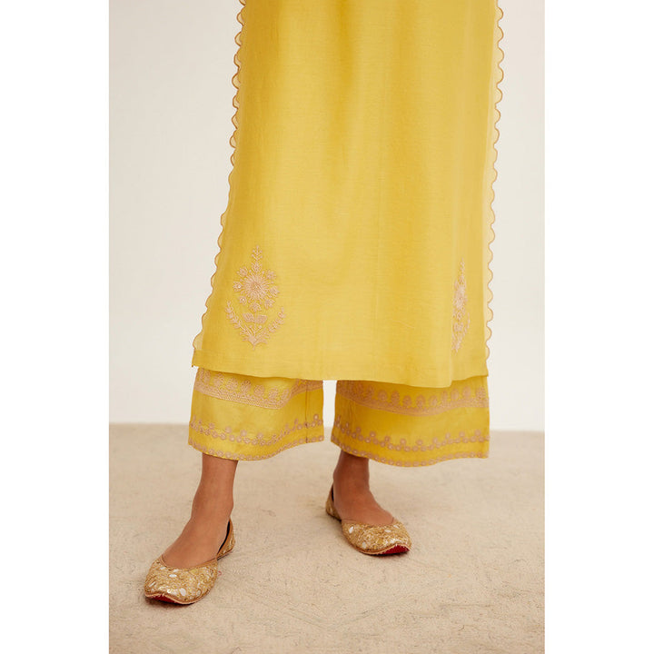 Devnaagri Mustard Dori Embroidered Kurta & Palazzo (Set of 3)