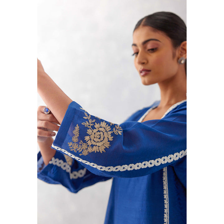 Devnaagri Blue Embroidered Chanderi Palazzo (Set of 3)