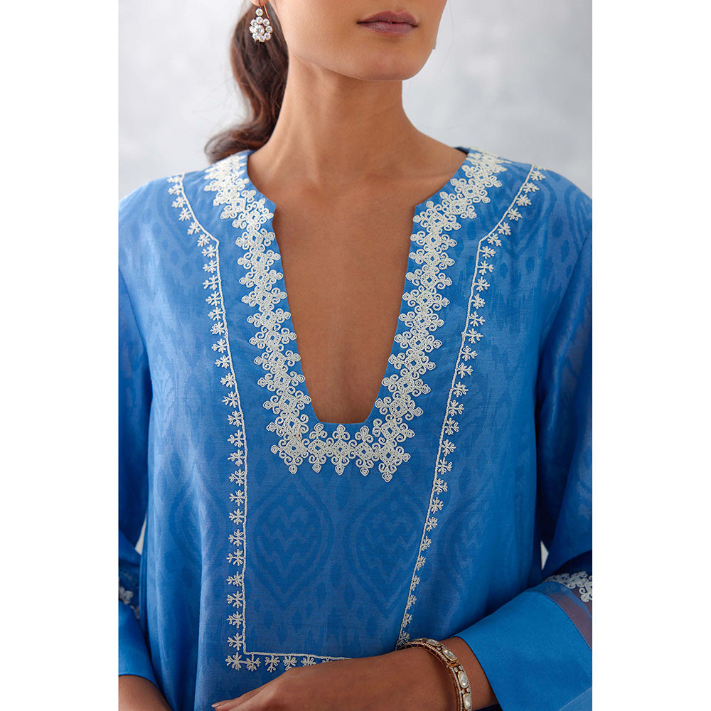 Devnaagri Blue Embroidered Chanderi Kurta (Set of 3)
