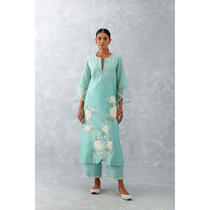 Devnaagri Aqua Blue Embroidered Chanderi Kurta (Set of 3)