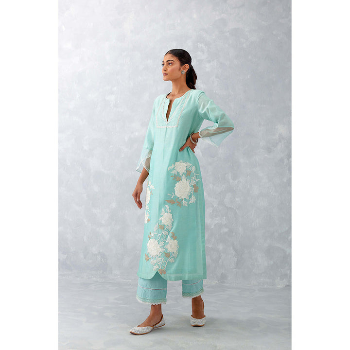 Devnaagri Aqua Blue Embroidered Chanderi Kurta (Set of 3)