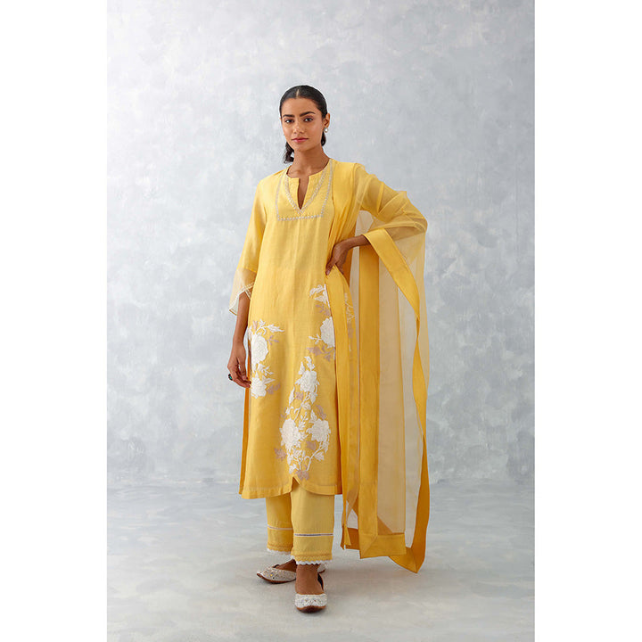 Devnaagri Mango Yellow Embroidered Chanderi Kurta (Set of 3)