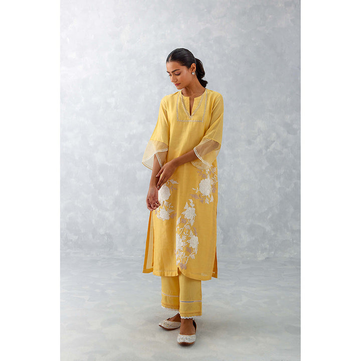 Devnaagri Mango Yellow Embroidered Chanderi Kurta (Set of 3)