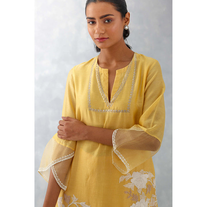 Devnaagri Mango Yellow Embroidered Chanderi Kurta (Set of 3)