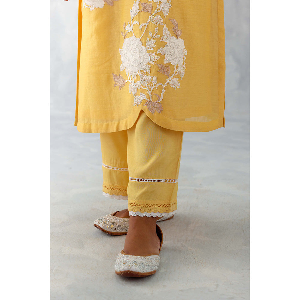 Devnaagri Mango Yellow Embroidered Chanderi Kurta (Set of 3)