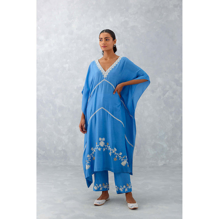 Devnaagri Ice Blue Embroidered Muslin Kaftan (Set of 2)