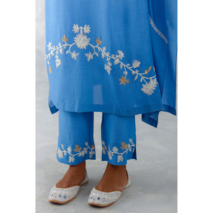 Devnaagri Ice Blue Embroidered Muslin Kaftan (Set of 2)