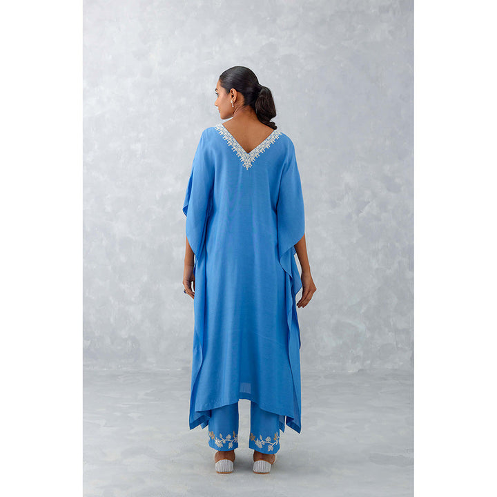 Devnaagri Ice Blue Embroidered Muslin Kaftan (Set of 2)