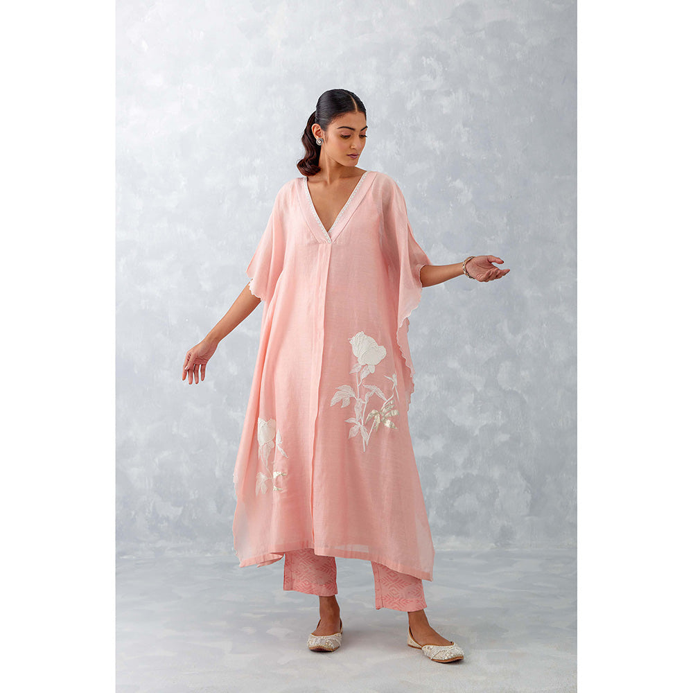 Devnaagri Baby Pink Embroidered Silk Chanderi Kaftan (Set of 3)