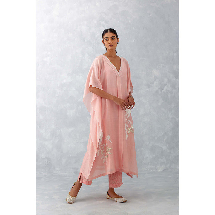 Devnaagri Baby Pink Embroidered Silk Chanderi Kaftan (Set of 3)