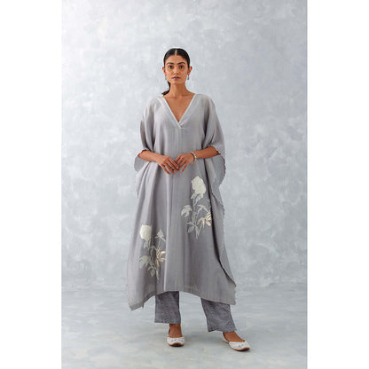 Devnaagri Grey Embroidered Silk Chanderi Kaftan (Set of 3)