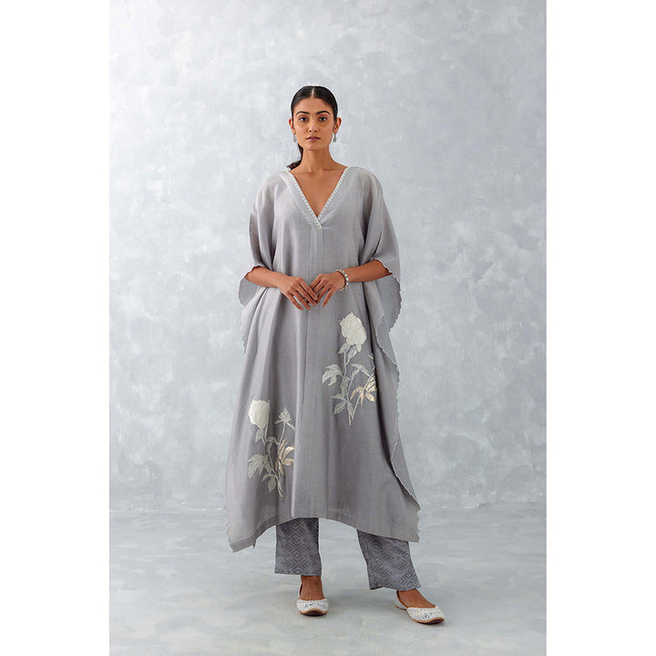 Devnaagri Grey Embroidered Silk Chanderi Kaftan (Set of 3)