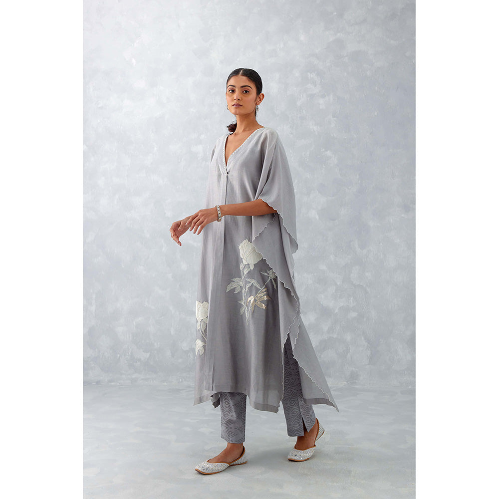 Devnaagri Grey Embroidered Silk Chanderi Kaftan (Set of 3)