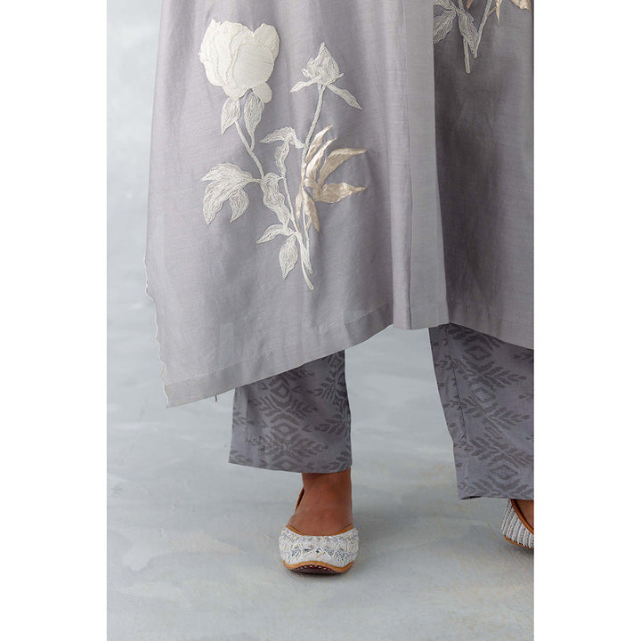 Devnaagri Grey Embroidered Silk Chanderi Kaftan (Set of 3)