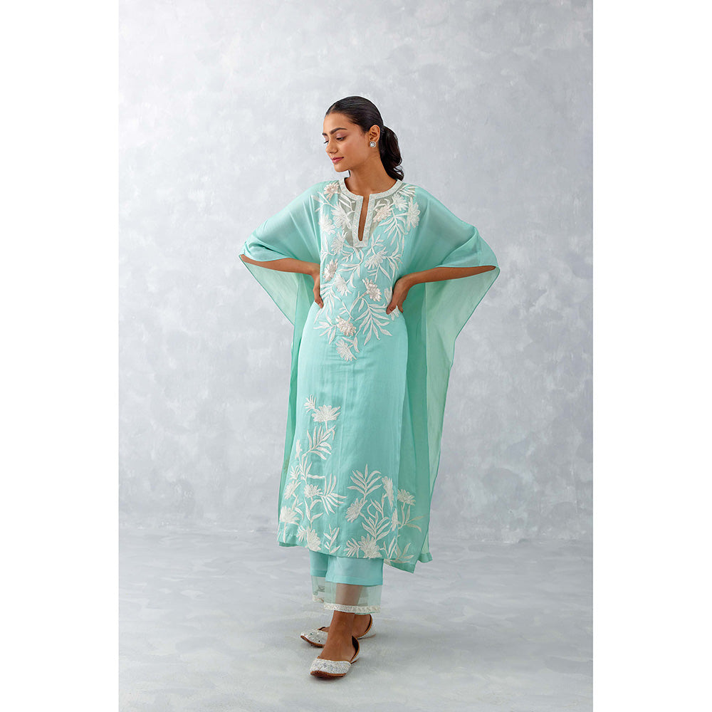 Devnaagri Aqua Blue Embroidered Cotton Silk Satin Kaftan (Set of 3)