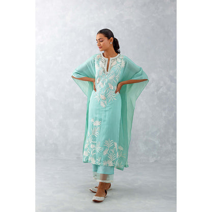 Devnaagri Aqua Blue Embroidered Cotton Silk Satin Kaftan (Set of 3)