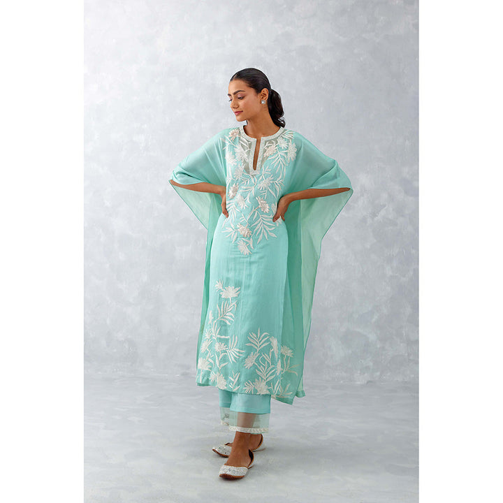 Devnaagri Aqua Blue Embroidered Cotton Silk Satin Kaftan (Set of 3)