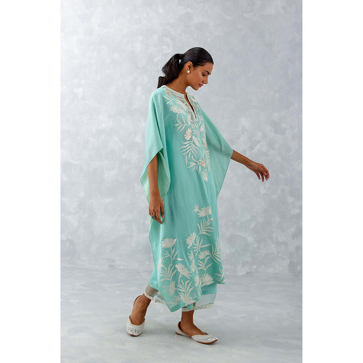 Devnaagri Aqua Blue Embroidered Cotton Silk Satin Kaftan (Set of 3)