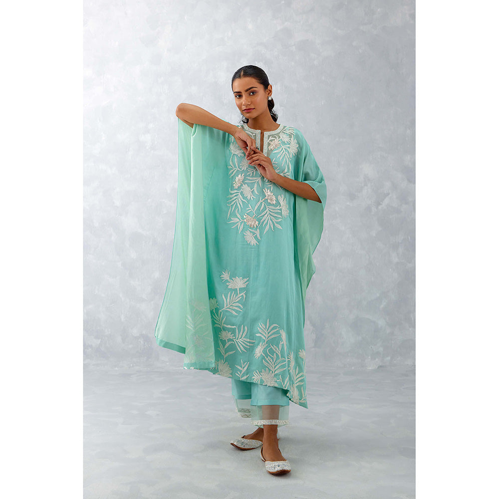 Devnaagri Aqua Blue Embroidered Cotton Silk Satin Kaftan (Set of 3)