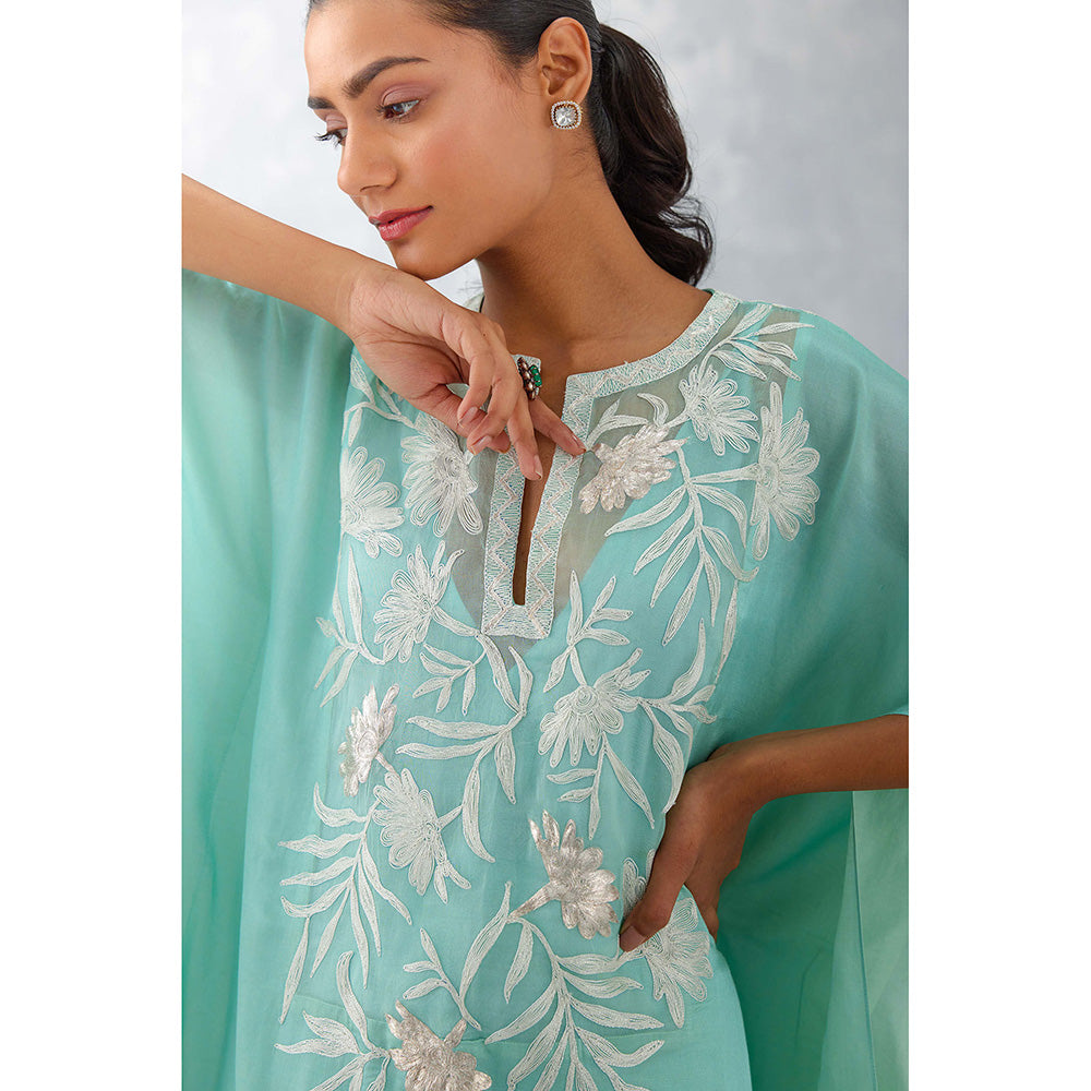 Devnaagri Aqua Blue Embroidered Cotton Silk Satin Kaftan (Set of 3)