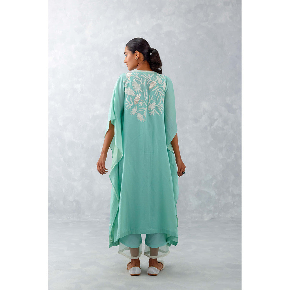 Devnaagri Aqua Blue Embroidered Cotton Silk Satin Kaftan (Set of 3)