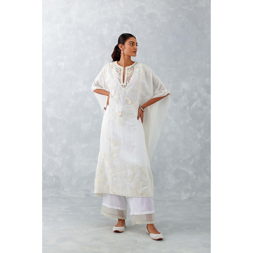 Devnaagri Ivory Embroidered Cotton Silk Satin Kaftan (Set of 3)