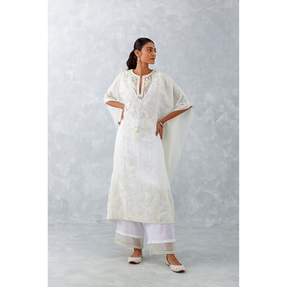 Devnaagri Ivory Embroidered Cotton Silk Satin Kaftan (Set of 3)