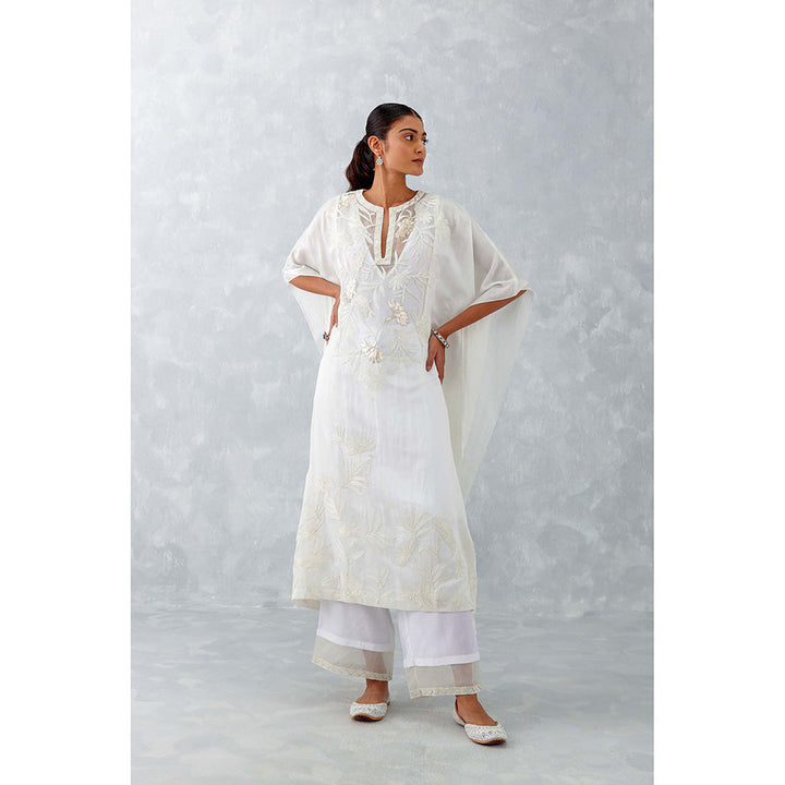 Devnaagri Ivory Embroidered Cotton Silk Satin Kaftan (Set of 3)