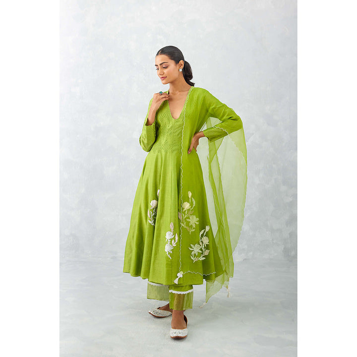 Devnaagri Green Embroidered Chanderi Anarkali (Set of 3)