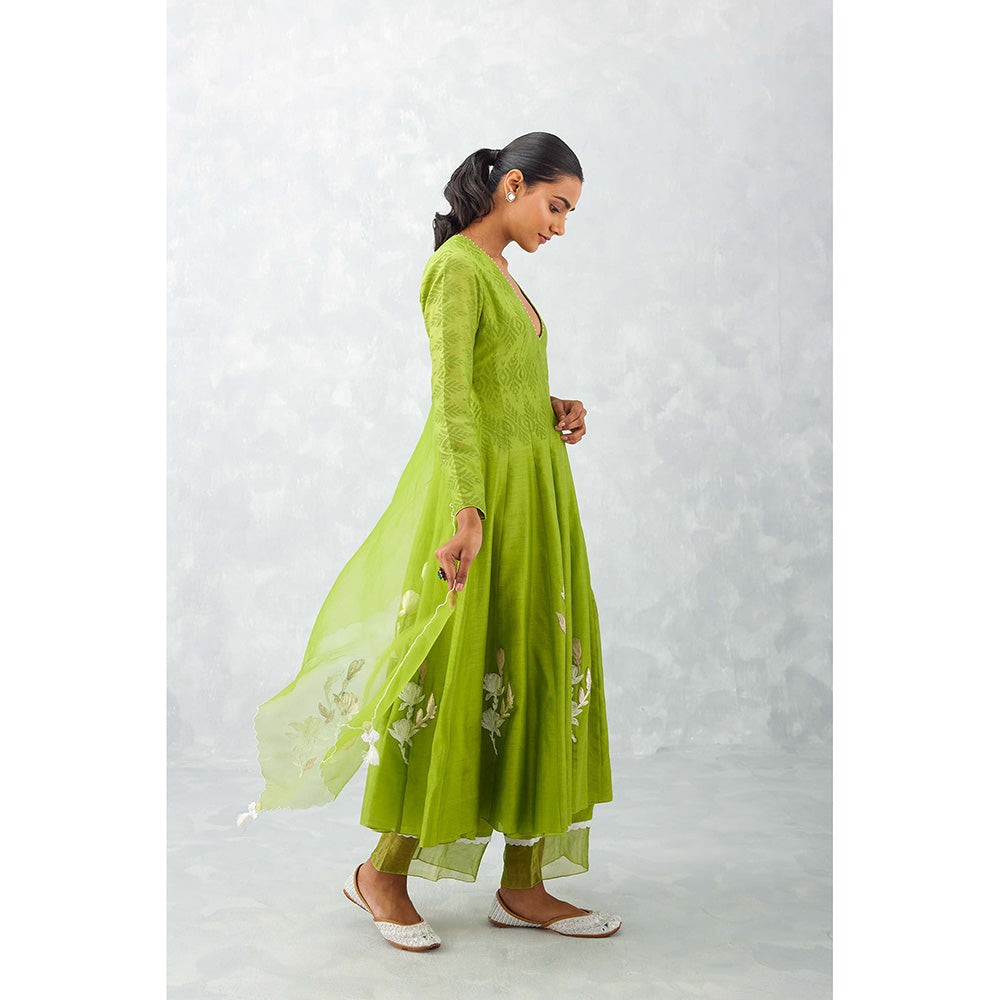 Devnaagri Green Embroidered Chanderi Anarkali (Set of 3)