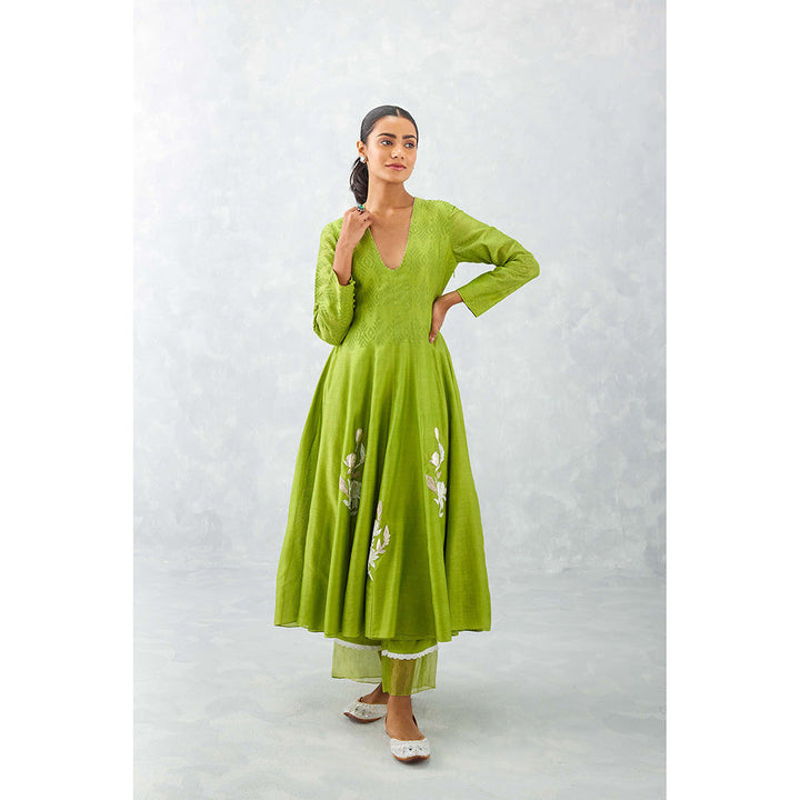 Devnaagri Green Embroidered Chanderi Anarkali (Set of 3)