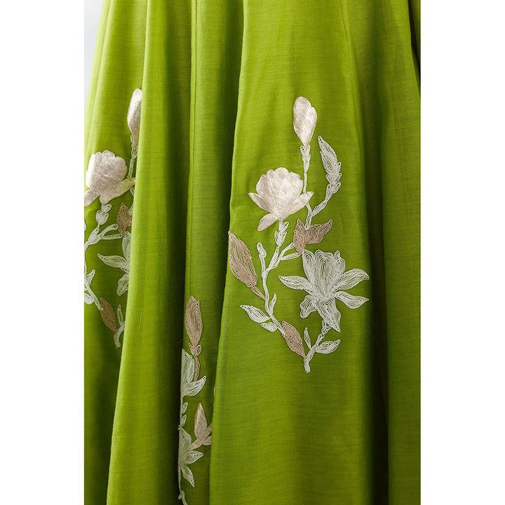 Devnaagri Green Embroidered Chanderi Anarkali (Set of 3)