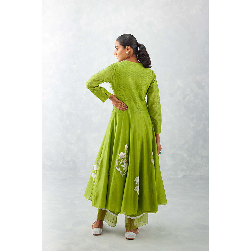 Devnaagri Green Embroidered Chanderi Anarkali (Set of 3)