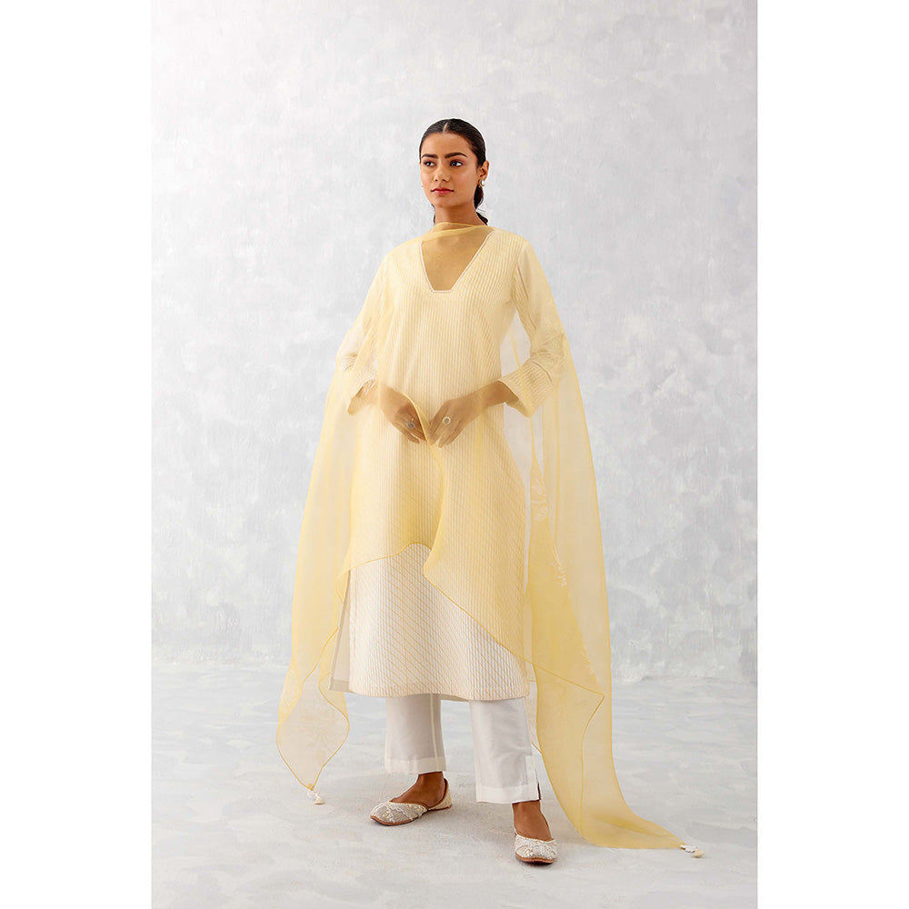 Devnaagri Ivory & Mango Yellow Pin Tucks Embroidered Kurta (Set of 3)