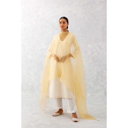 Devnaagri Ivory & Mango Yellow Pin Tucks Embroidered Kurta (Set of 3)