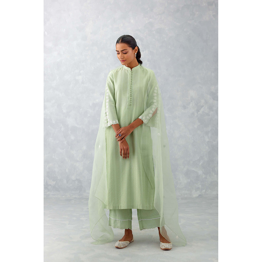 Devnaagri Sea Green Pin Tucks Embroidered Palazzo (Set of 3)