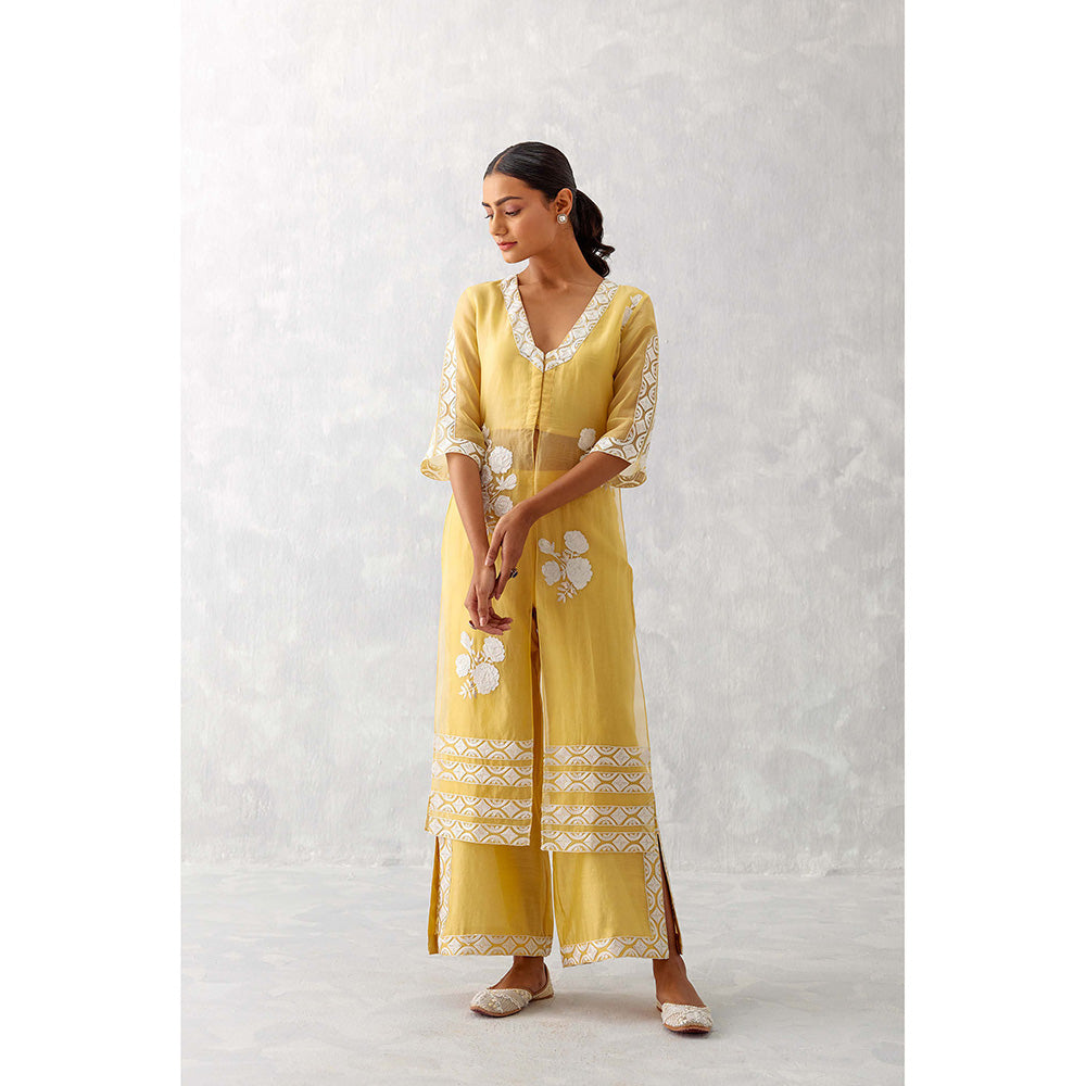 Devnaagri Mango Yellow Slit Silk Organza Palazzo (Set of 2)