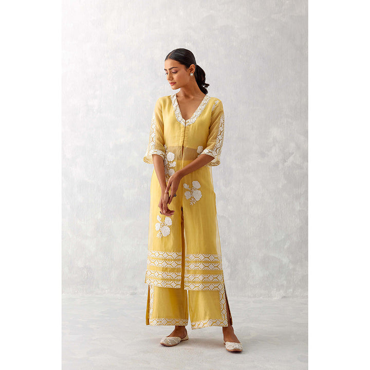 Devnaagri Mango Yellow Slit Silk Organza Palazzo (Set of 2)