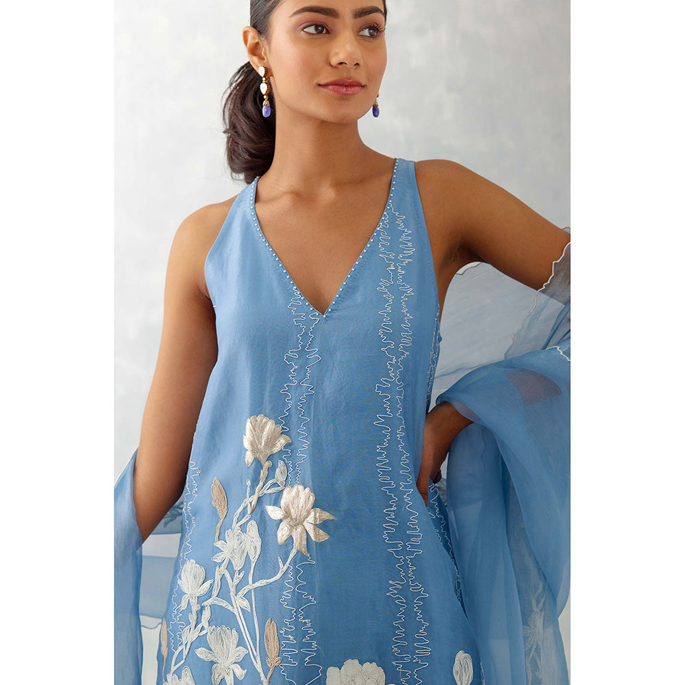 Devnaagri Ice Blue Embroidered Organza Short Palazzo (Set of 3)