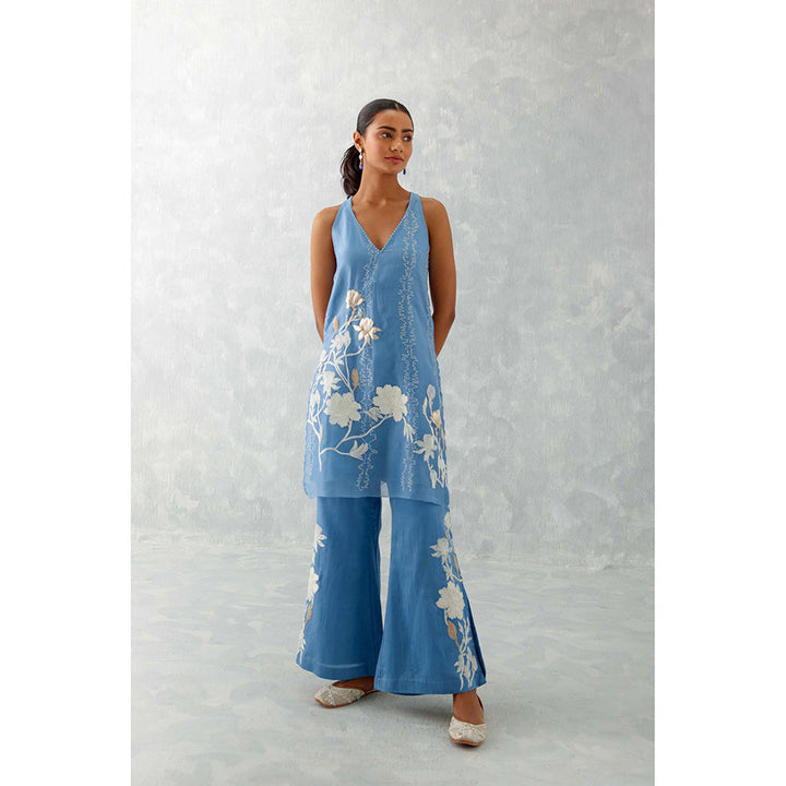 Devnaagri Ice Blue Embroidered Organza Short Palazzo (Set of 3)